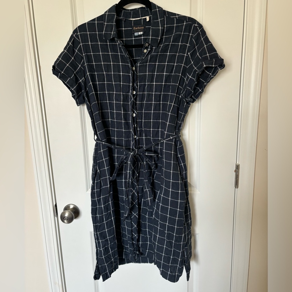 EUC Barbour Navy Blue and White Buttoned Tie Front Mini Shirt Dress